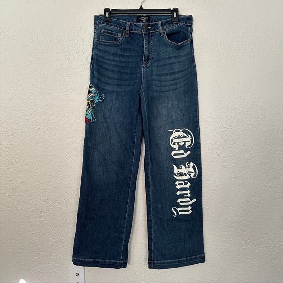 Ed Hardy Y2K Wide Leg Embroidered Logo Jeans 28 - Picture 1 of 7